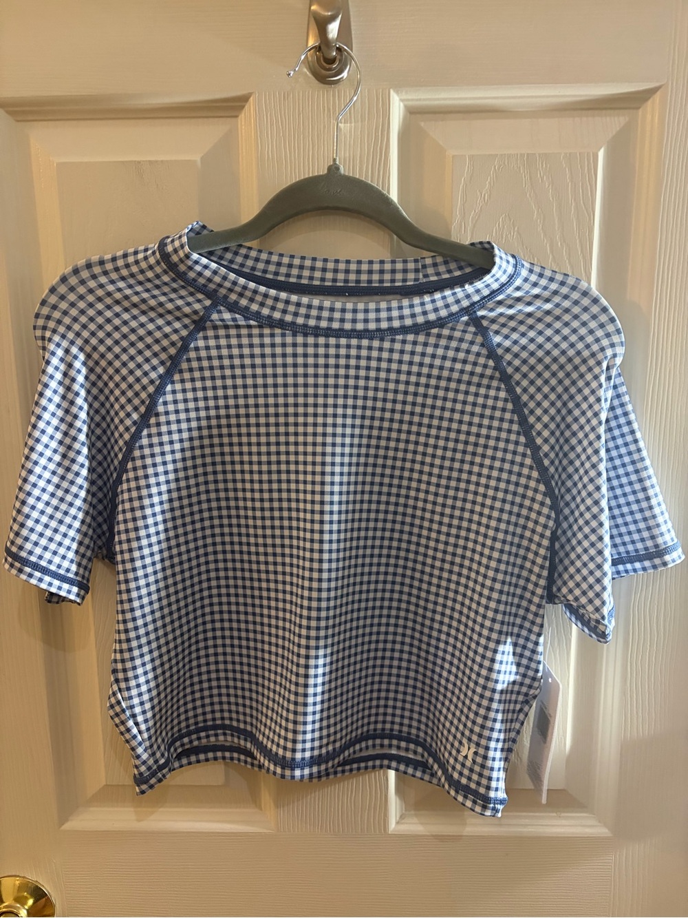 NWT Hurley Blue & White Gingham Cropped Rash Guard Swim Top XL